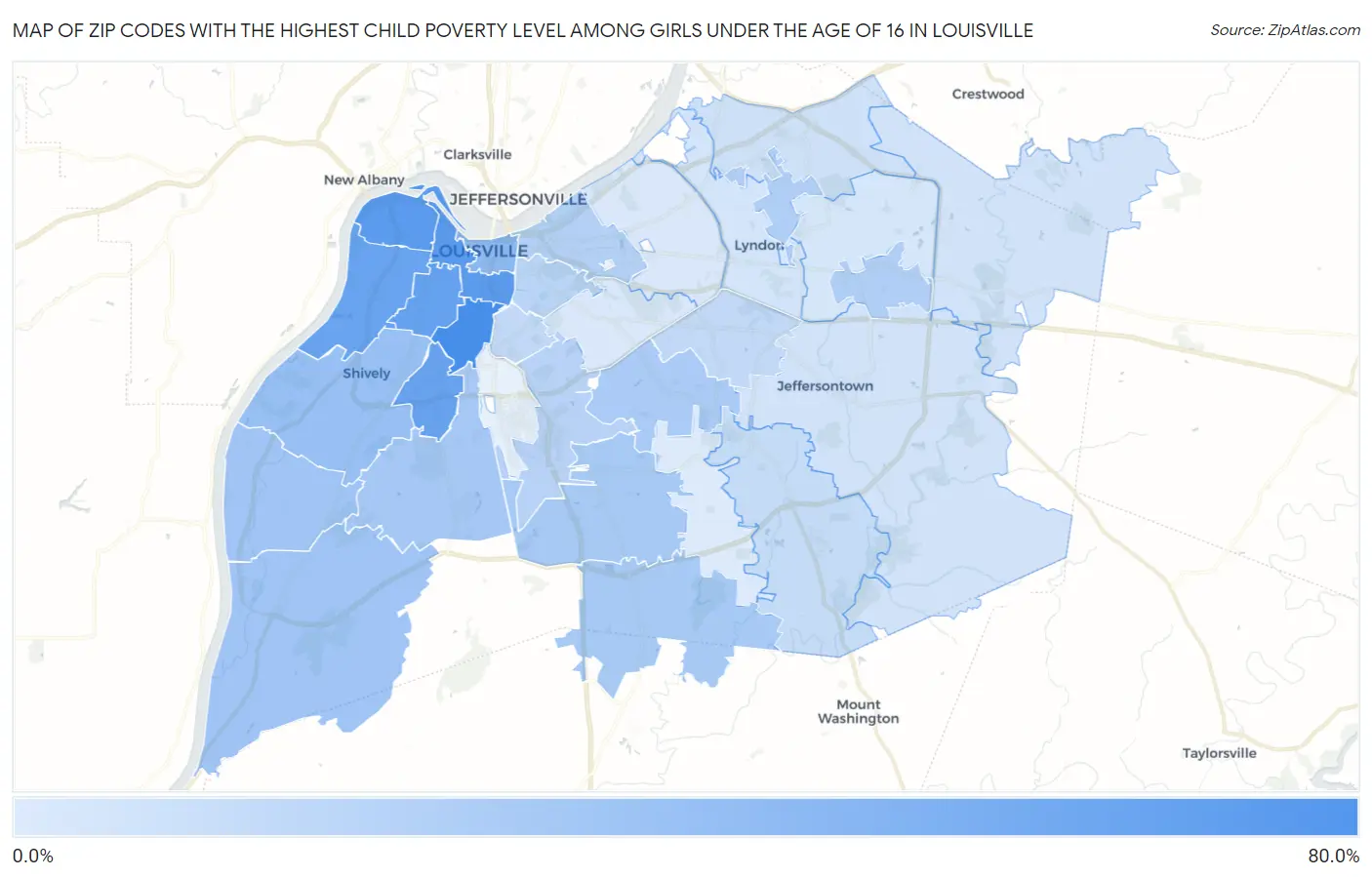 Zip Codes with the Highest Child Poverty Level Among Girls Under the Age of 16 in Louisville Map