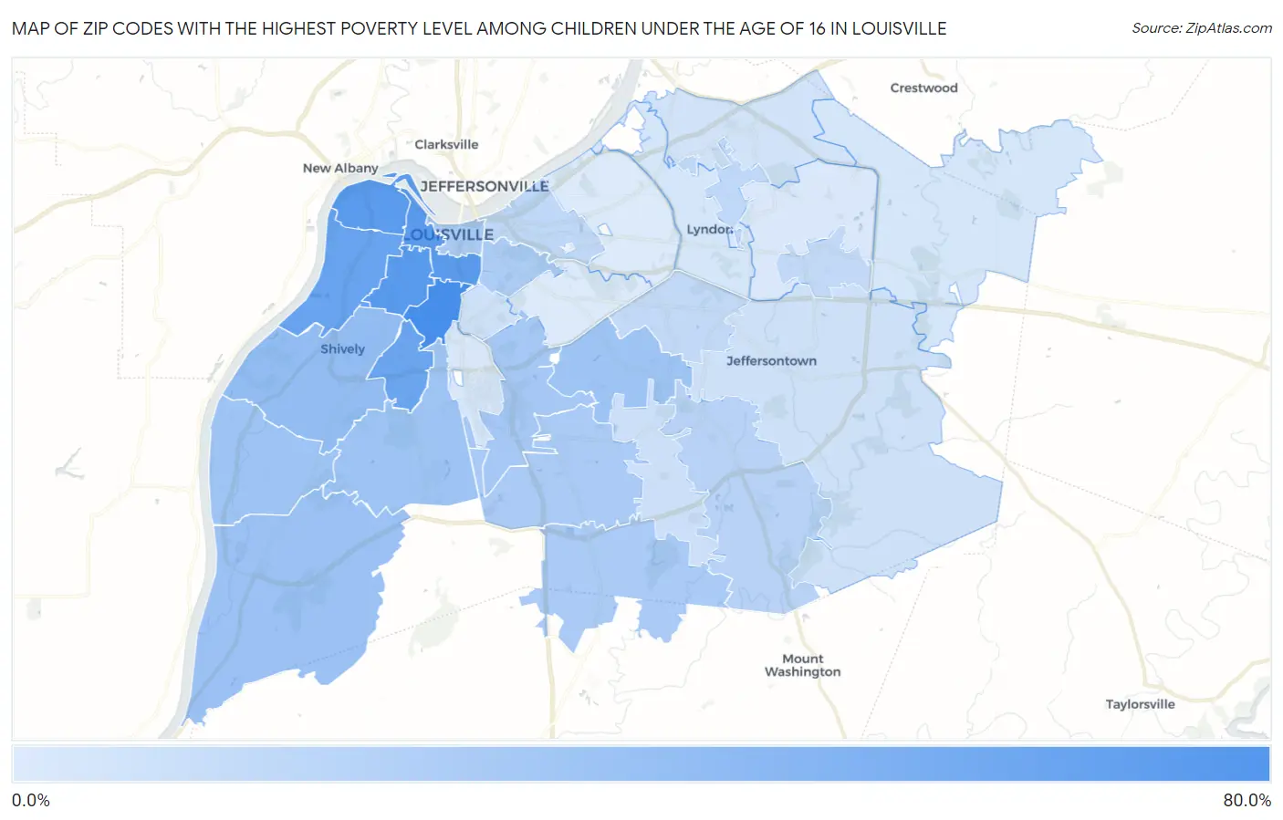 Zip Codes with the Highest Poverty Level Among Children Under the Age of 16 in Louisville Map