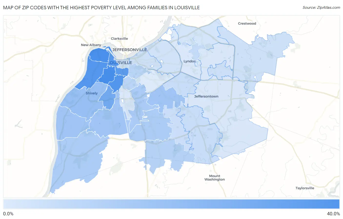 Zip Codes with the Highest Poverty Level Among Families in Louisville Map