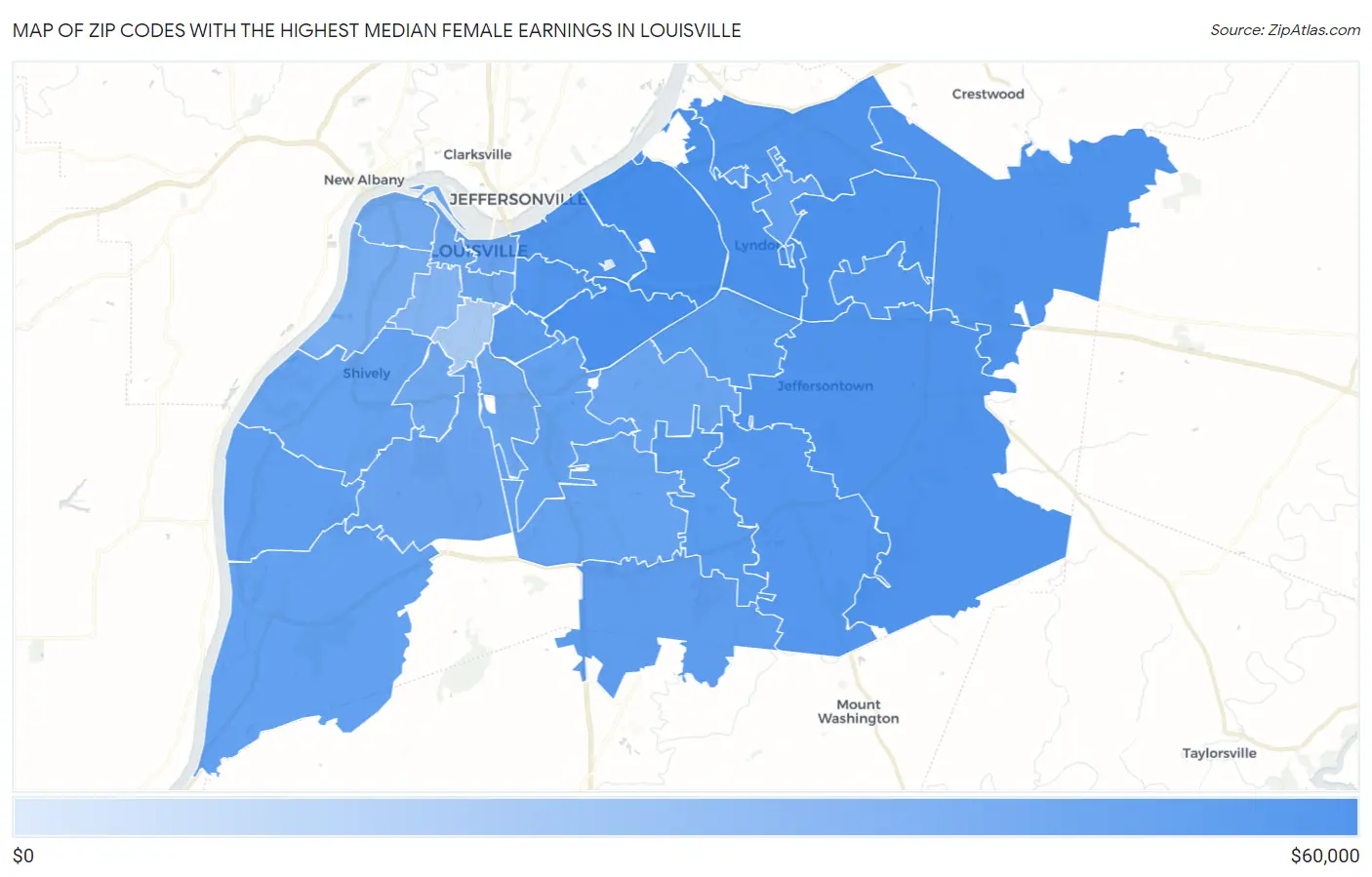 Zip Codes with the Highest Median Female Earnings in Louisville Map