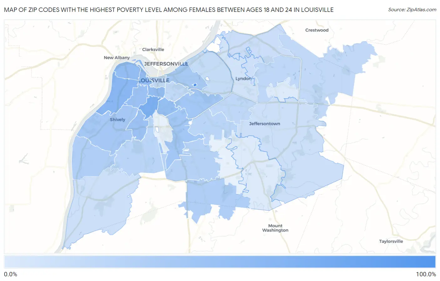 Zip Codes with the Highest Poverty Level Among Females Between Ages 18 and 24 in Louisville Map