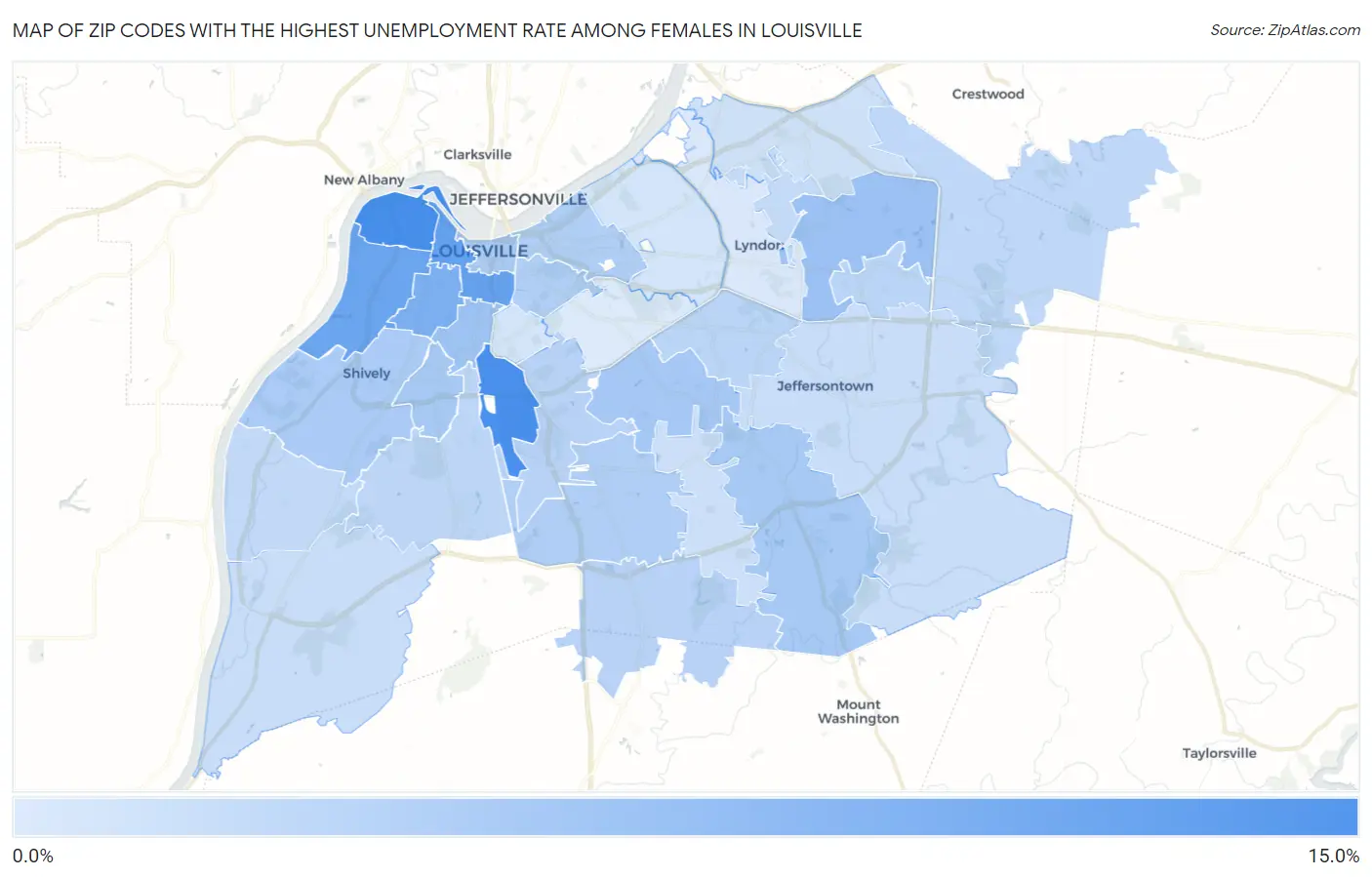 Zip Codes with the Highest Unemployment Rate Among Females in Louisville Map