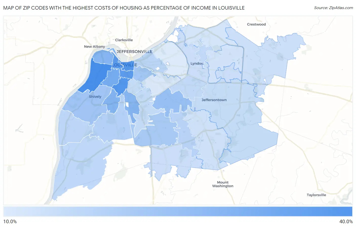 Zip Codes with the Highest Costs of Housing as Percentage of Income in Louisville Map