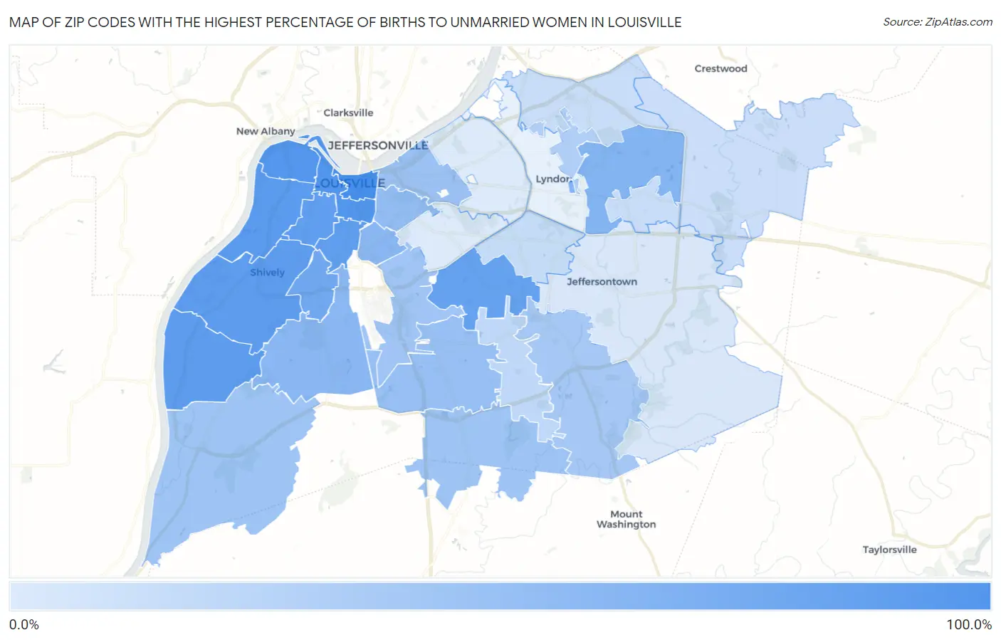 Zip Codes with the Highest Percentage of Births to Unmarried Women in Louisville Map