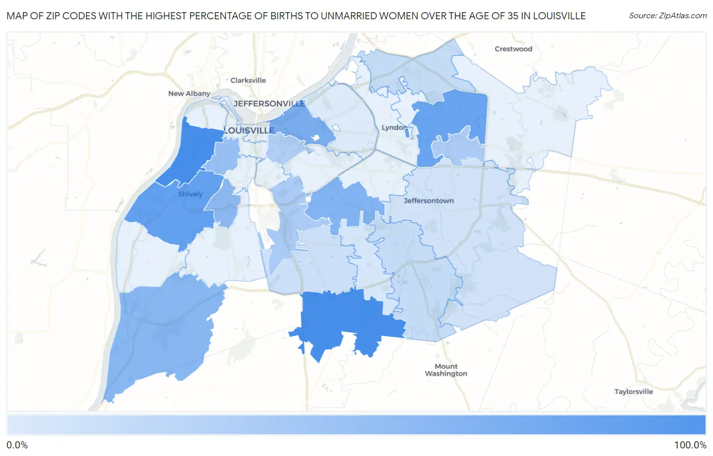 Zip Codes with the Highest Percentage of Births to Unmarried Women over the Age of 35 in Louisville Map