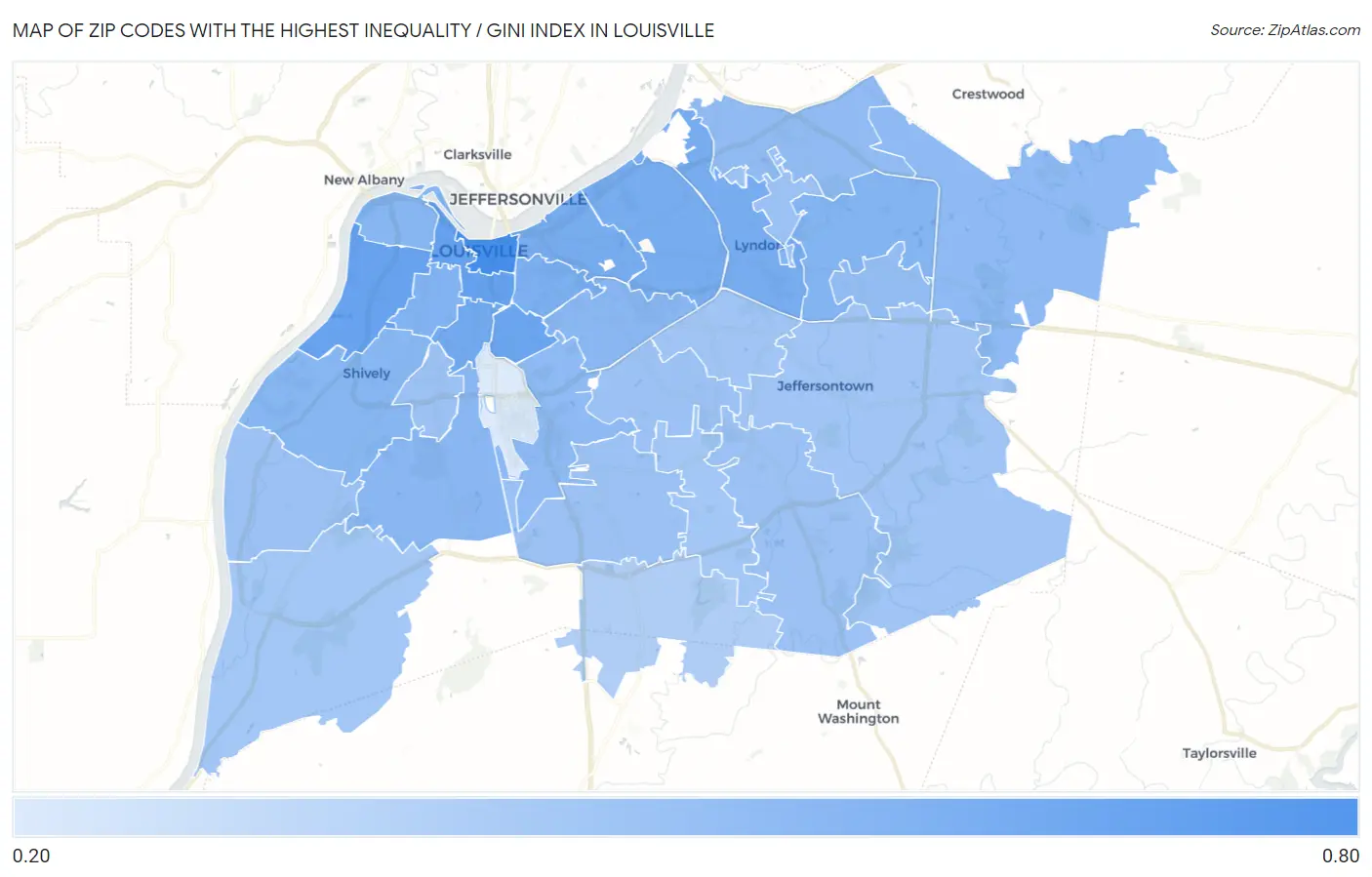 Zip Codes with the Highest Inequality / Gini Index in Louisville Map