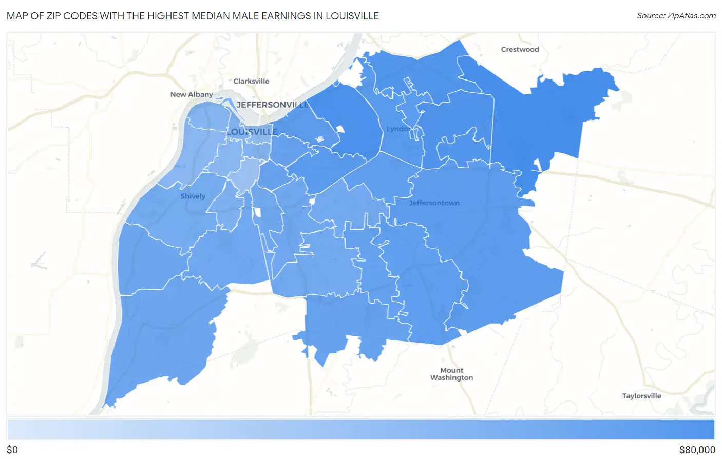 Zip Codes with the Highest Median Male Earnings in Louisville Map