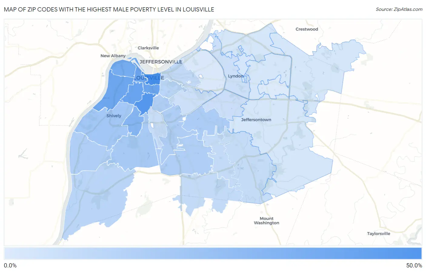 Zip Codes with the Highest Male Poverty Level in Louisville Map