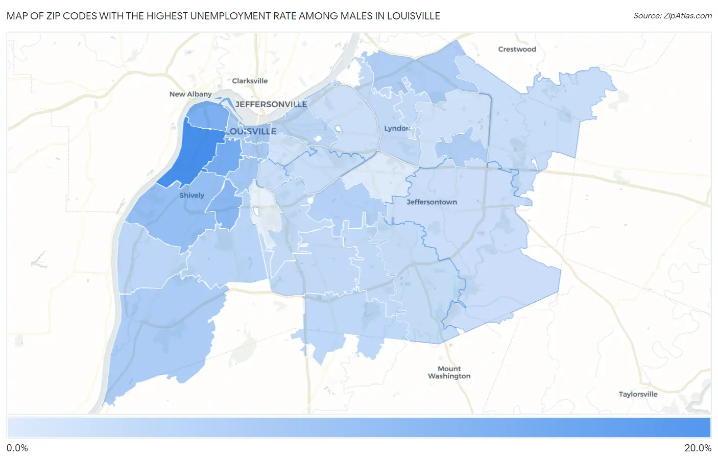 Zip Codes with the Highest Unemployment Rate Among Males in Louisville Map