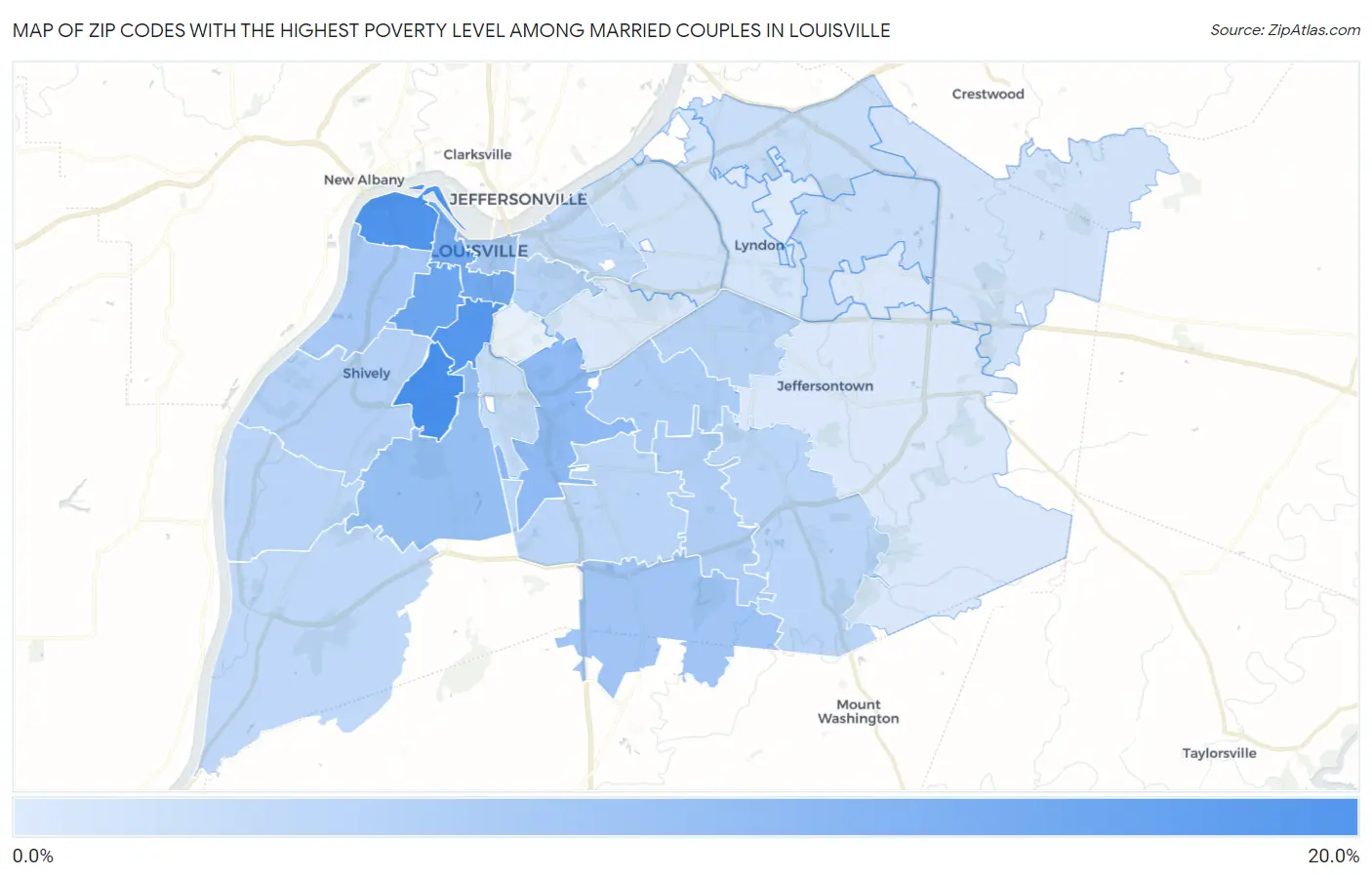 Zip Codes with the Highest Poverty Level Among Married Couples in Louisville Map