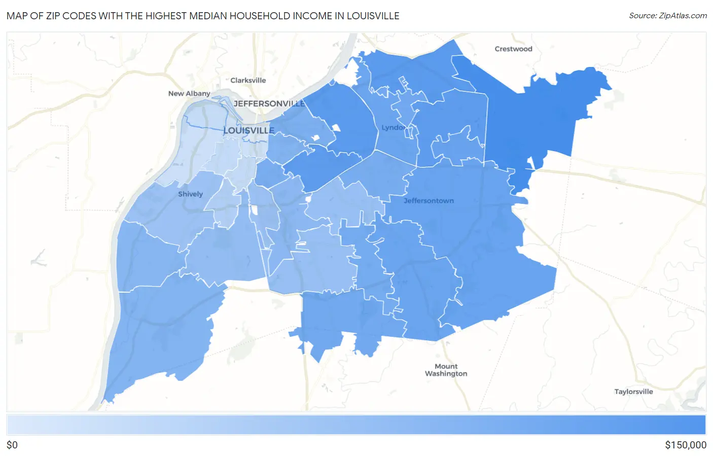 Zip Codes with the Highest Median Household Income in Louisville Map
