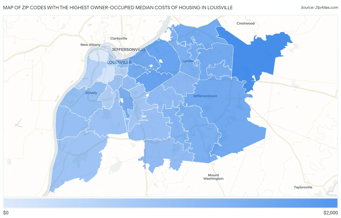 Zip Codes with the Highest Owner-Occupied Median Costs of Housing in Louisville Map