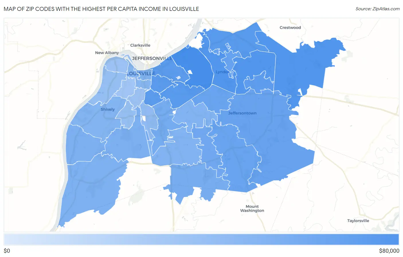 Zip Codes with the Highest Per Capita Income in Louisville Map