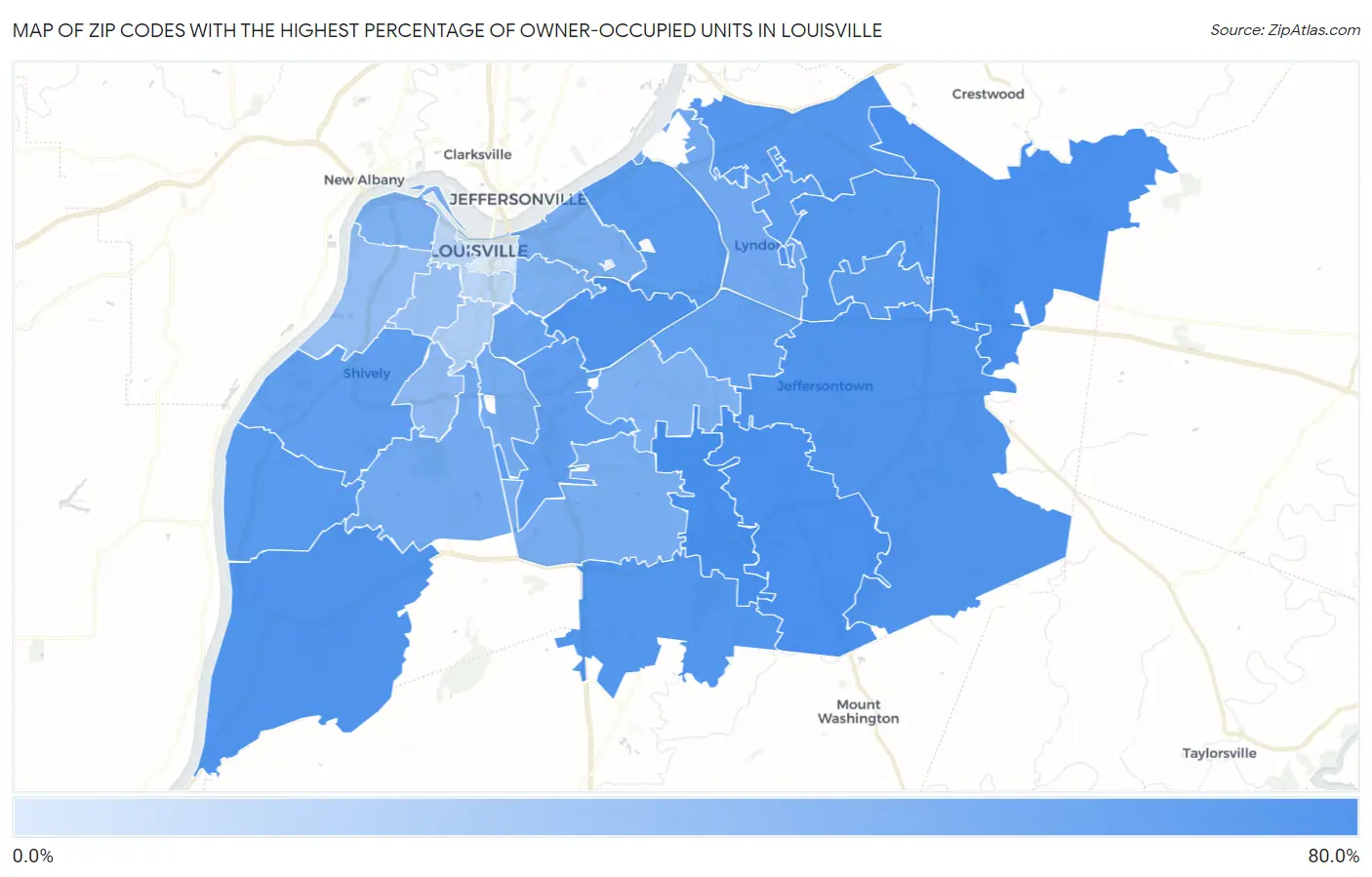 Zip Codes with the Highest Percentage of Owner-Occupied Units in Louisville Map