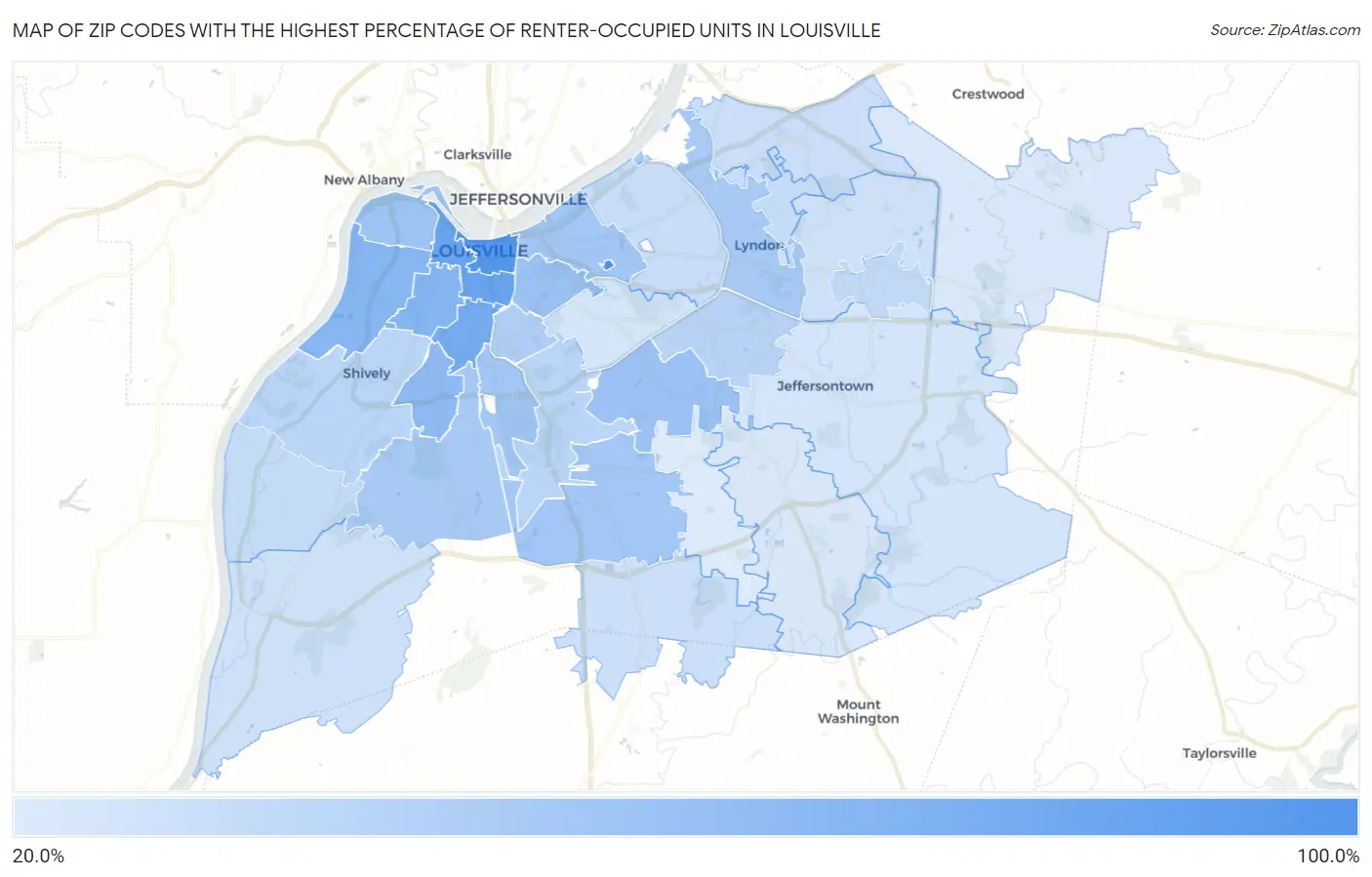 Zip Codes with the Highest Percentage of Renter-Occupied Units in Louisville Map