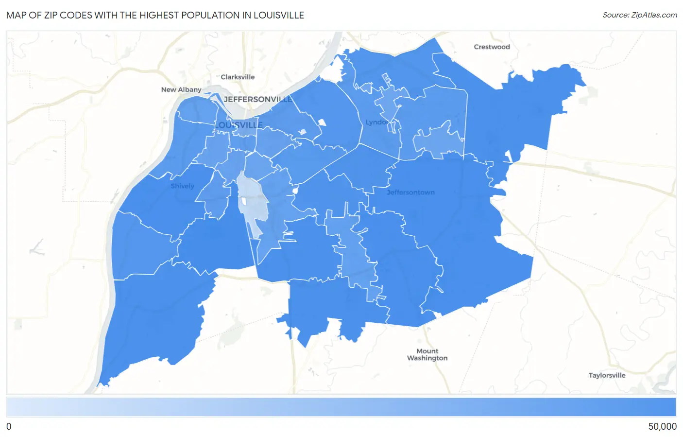 Zip Codes with the Highest Population in Louisville Map