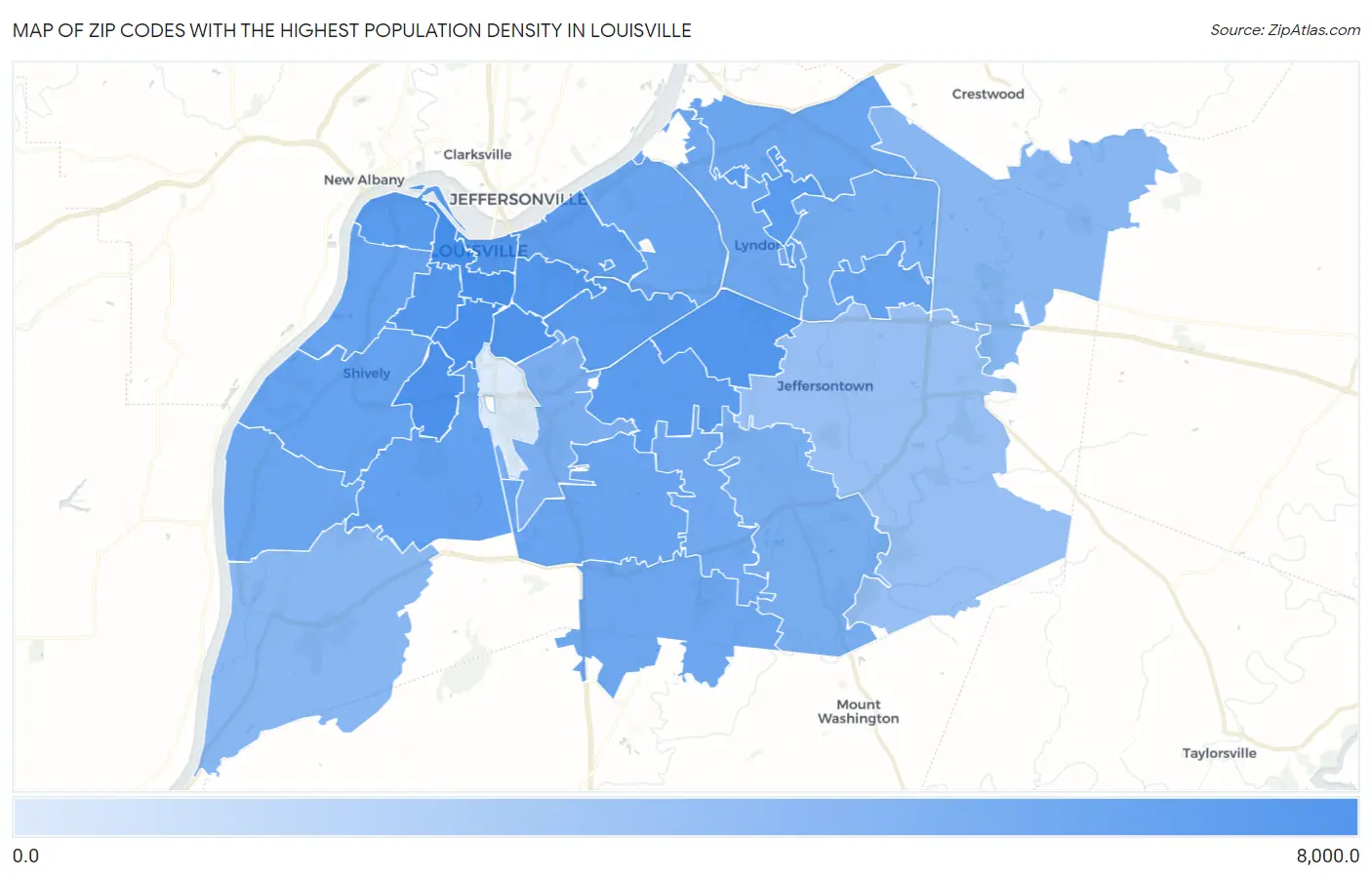 Zip Codes with the Highest Population Density in Louisville Map
