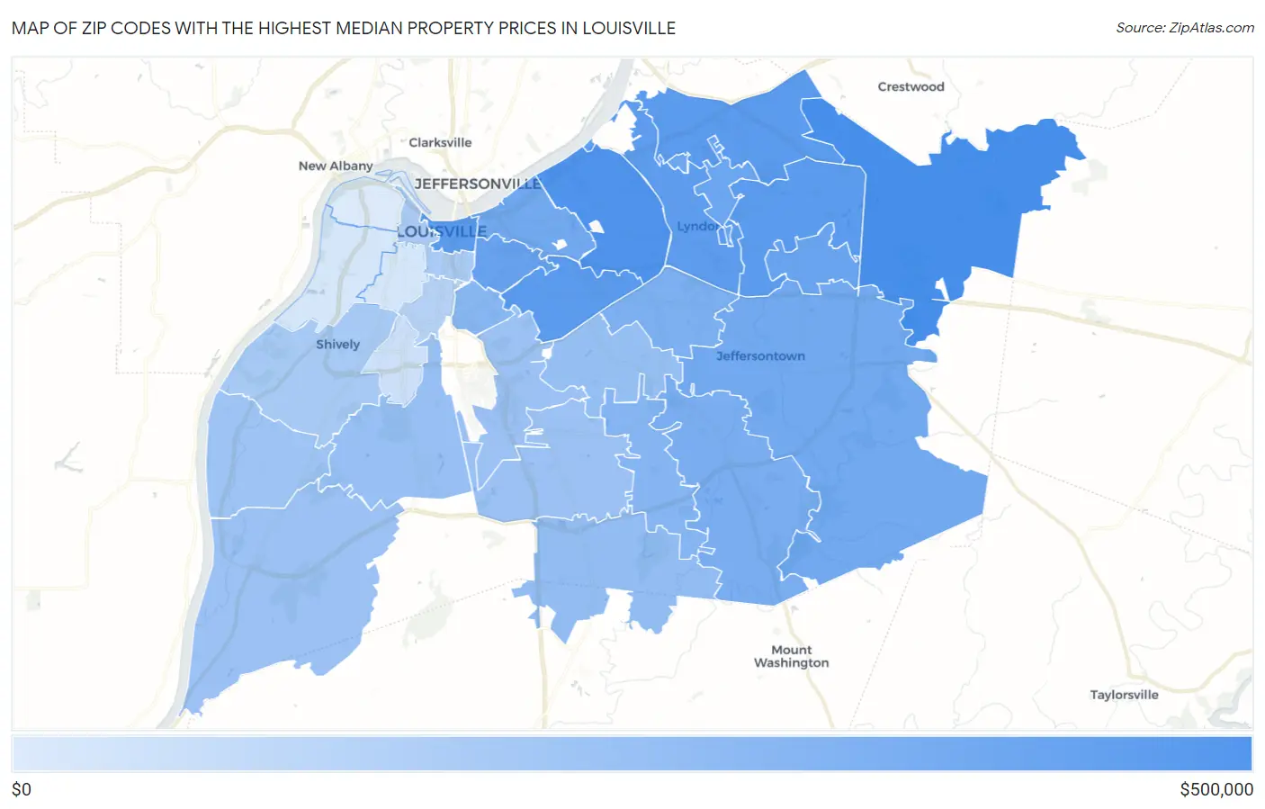 Zip Codes with the Highest Median Property Prices in Louisville Map