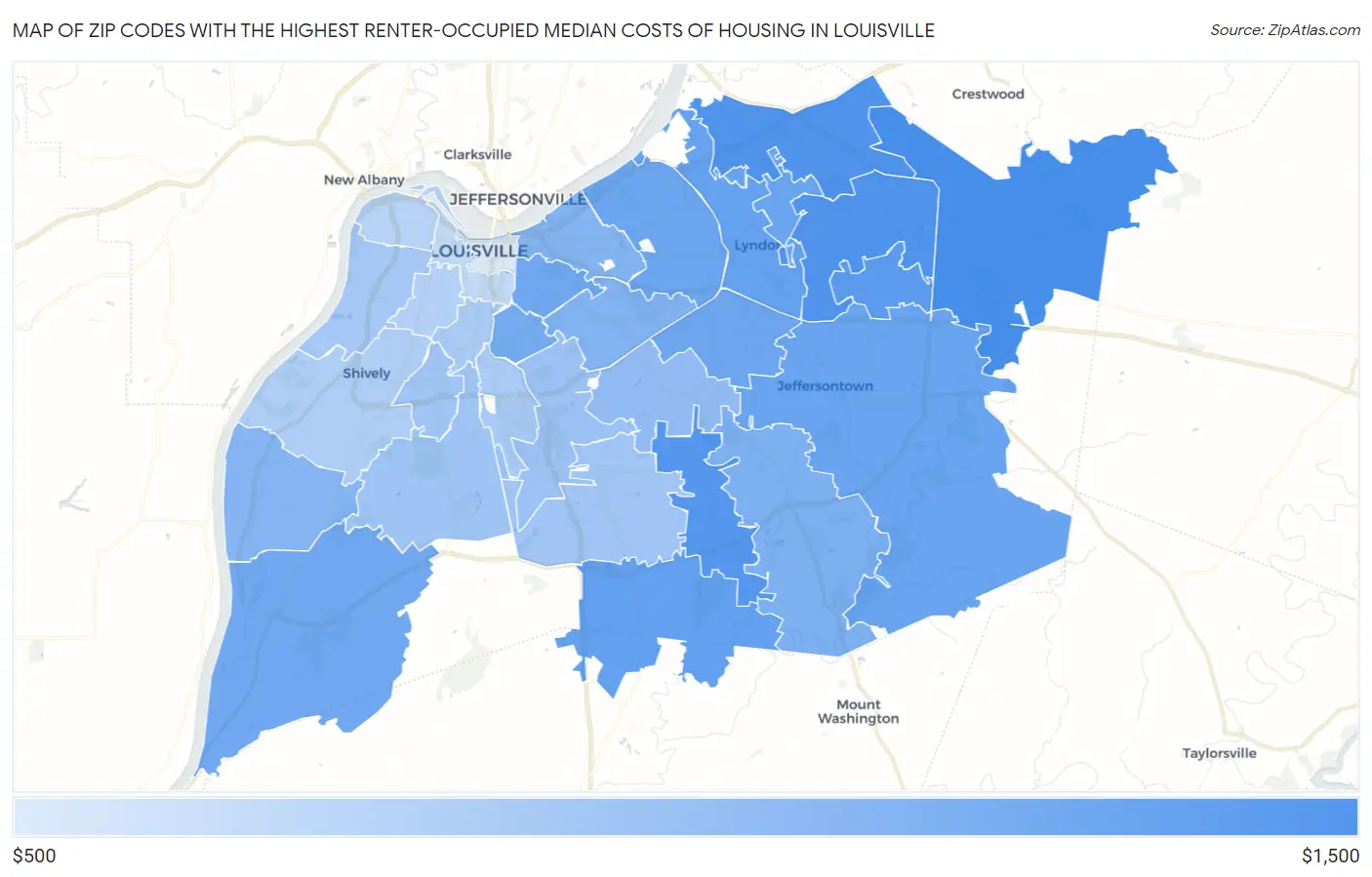 Zip Codes with the Highest Renter-Occupied Median Costs of Housing in Louisville Map