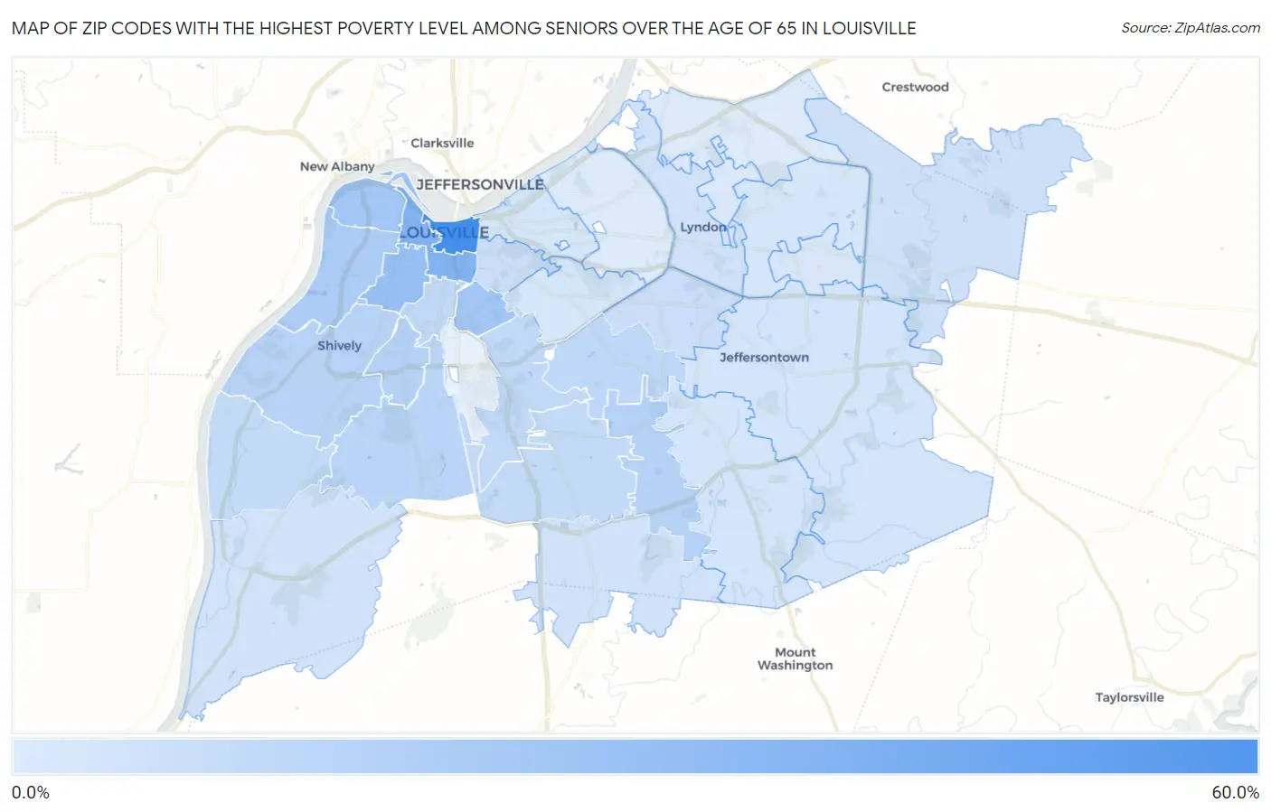 Zip Codes with the Highest Poverty Level Among Seniors Over the Age of 65 in Louisville Map