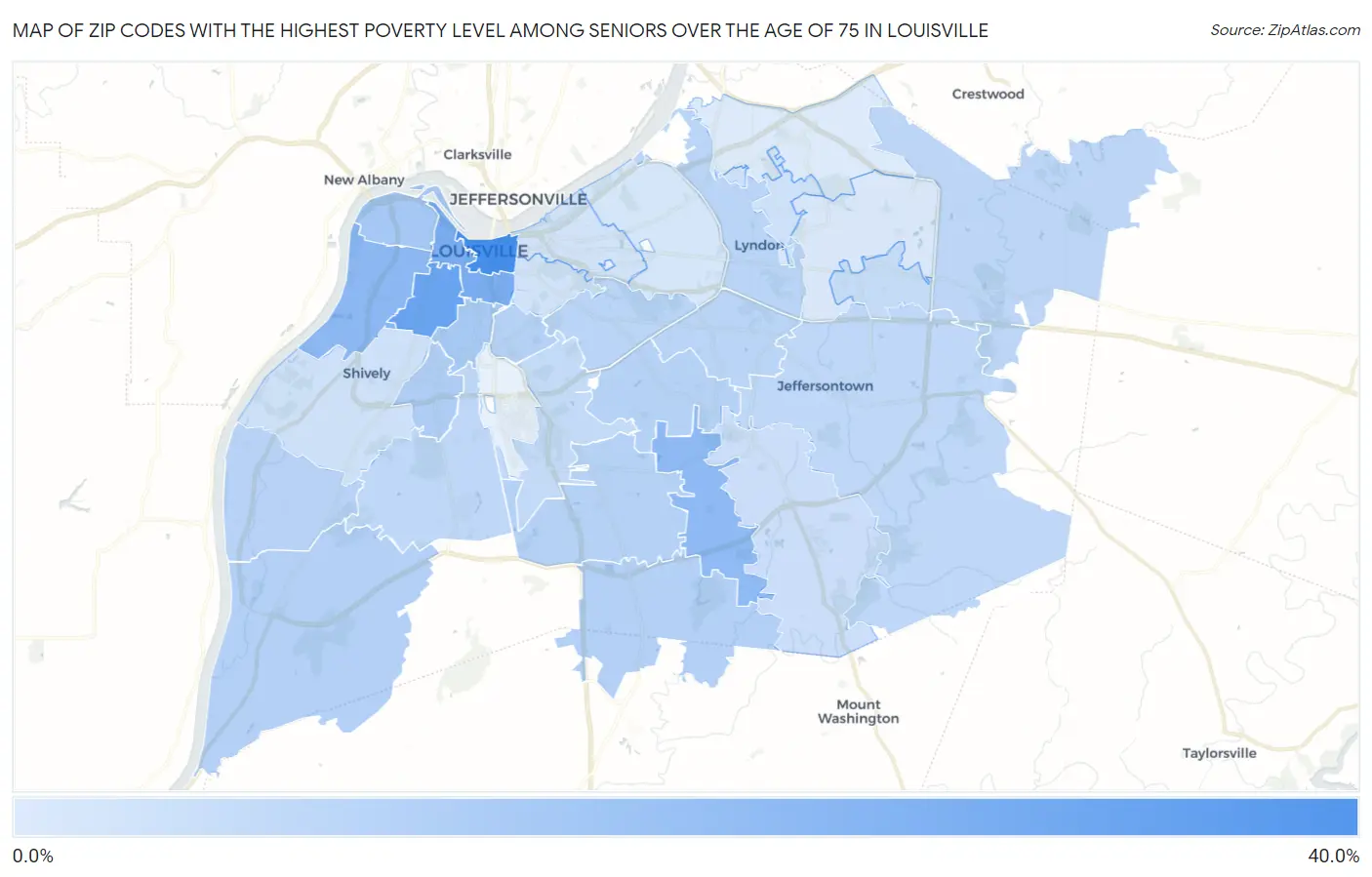 Zip Codes with the Highest Poverty Level Among Seniors Over the Age of 75 in Louisville Map