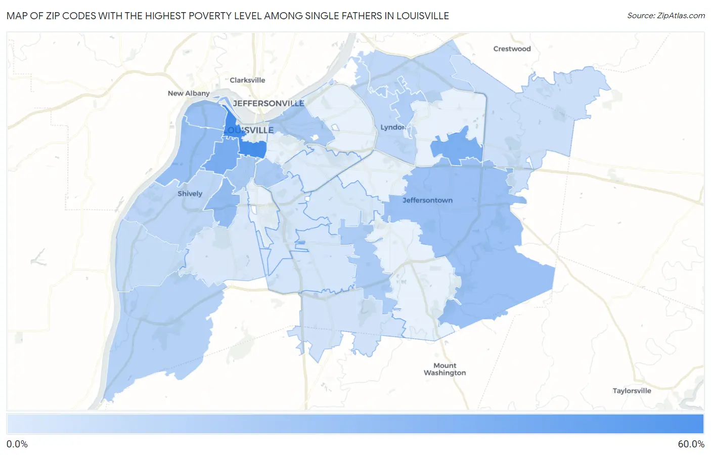 Zip Codes with the Highest Poverty Level Among Single Fathers in Louisville Map
