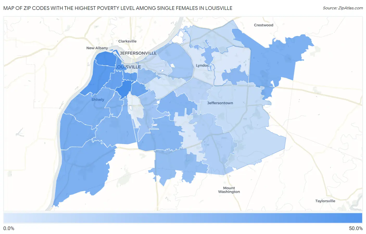 Zip Codes with the Highest Poverty Level Among Single Females in Louisville Map