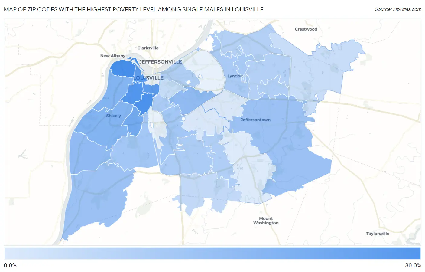 Zip Codes with the Highest Poverty Level Among Single Males in Louisville Map