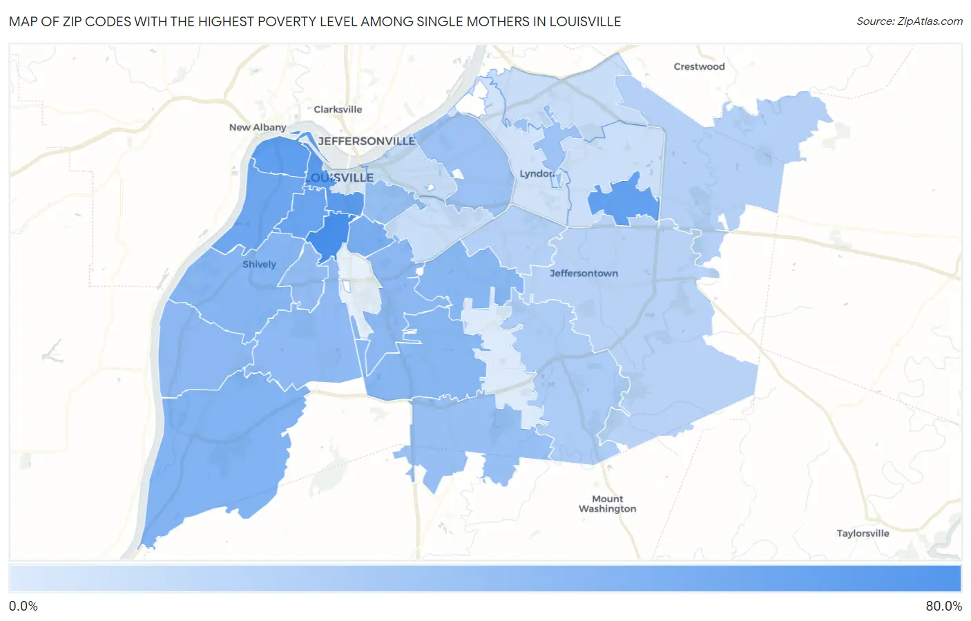 Zip Codes with the Highest Poverty Level Among Single Mothers in Louisville Map