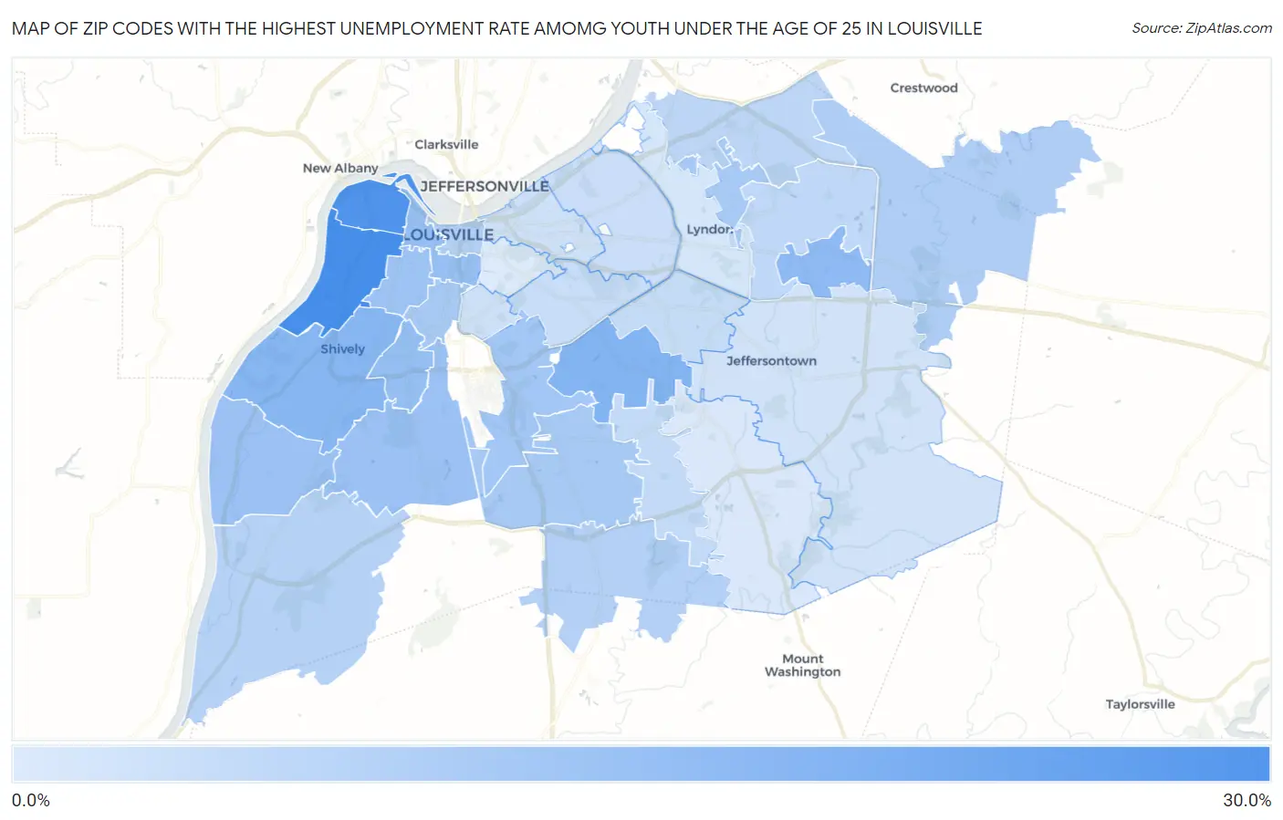 Zip Codes with the Highest Unemployment Rate Amomg Youth Under the Age of 25 in Louisville Map