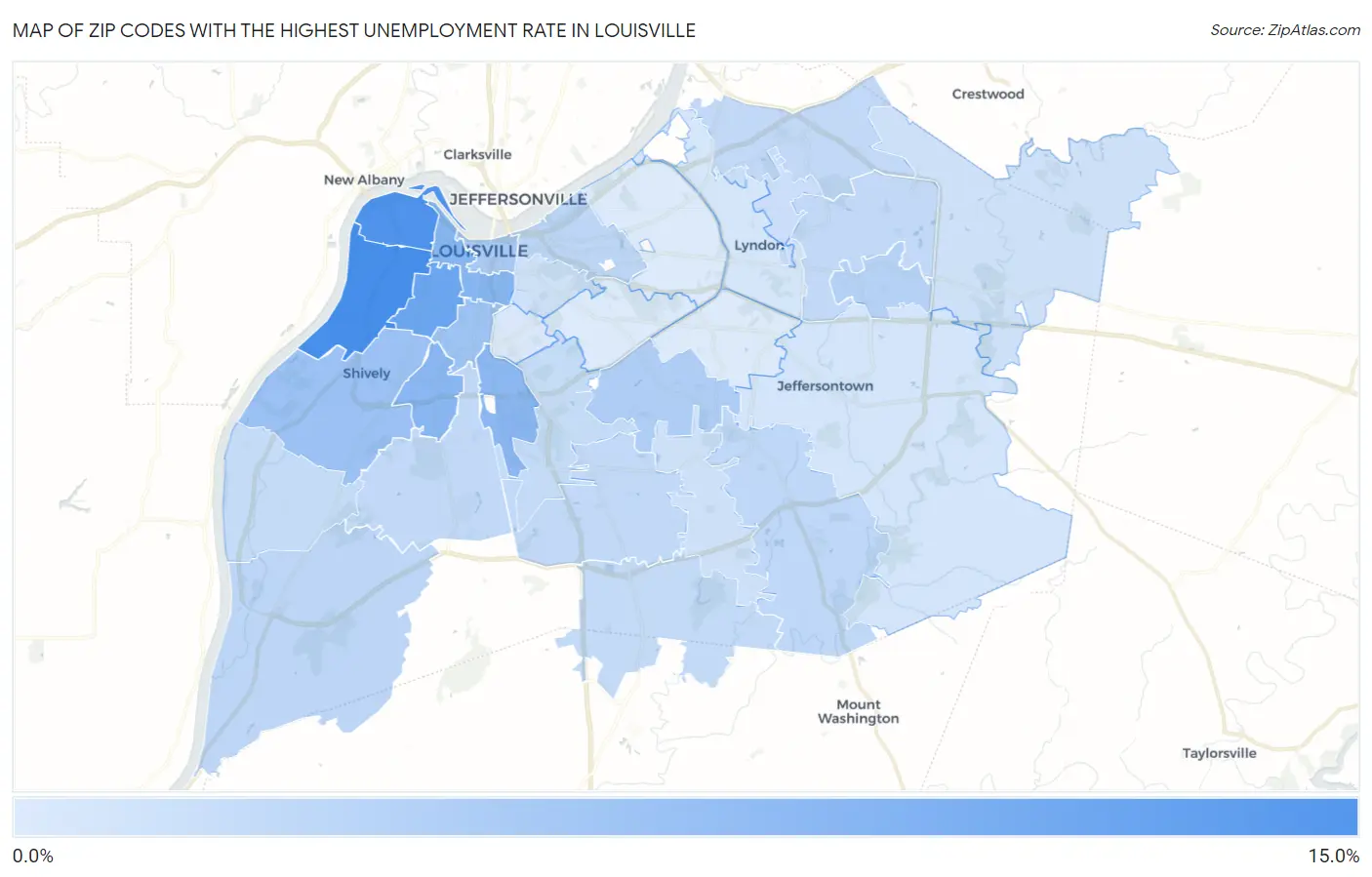 Zip Codes with the Highest Unemployment Rate in Louisville Map