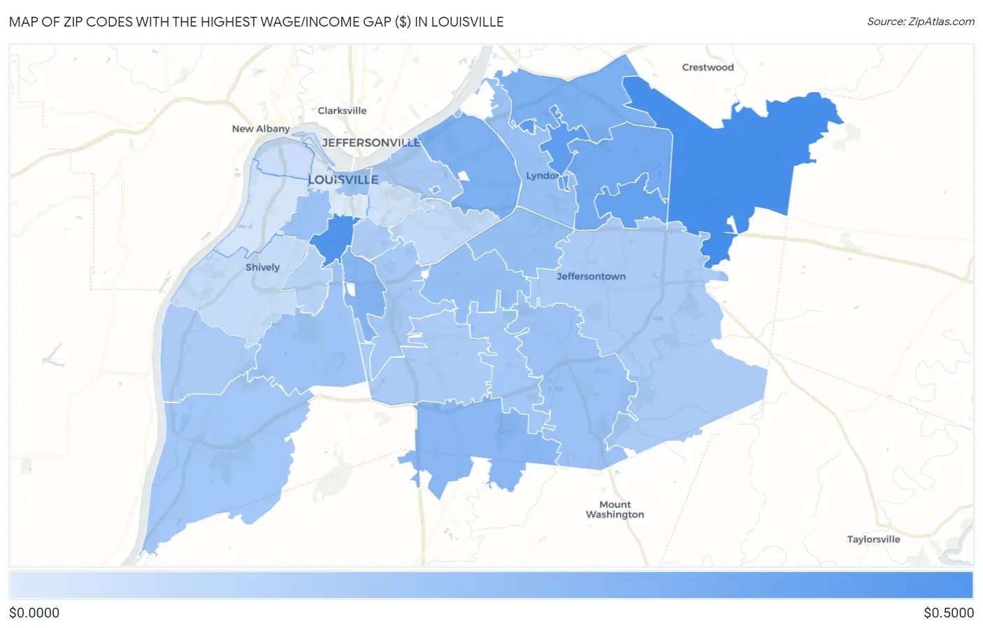 Zip Codes with the Highest Wage/Income Gap ($) in Louisville Map