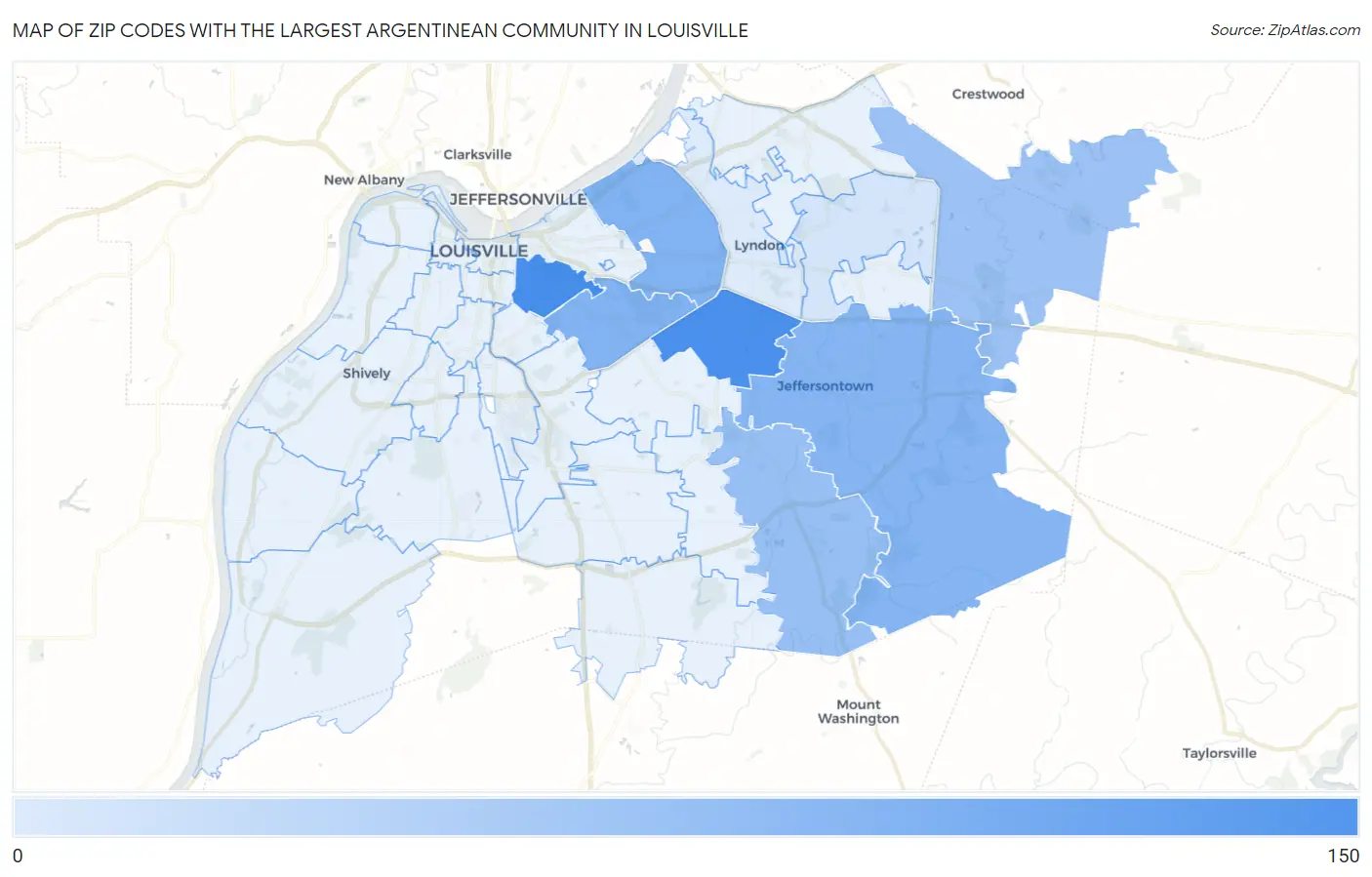 Zip Codes with the Largest Argentinean Community in Louisville Map