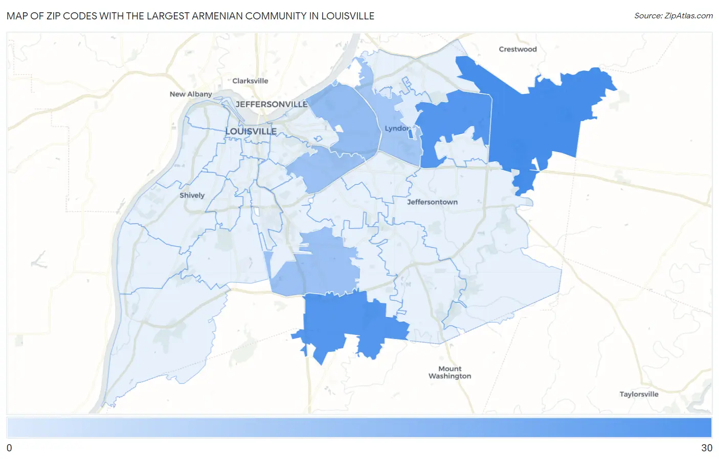 Zip Codes with the Largest Armenian Community in Louisville Map