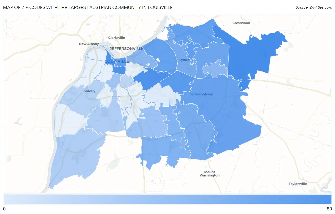 Zip Codes with the Largest Austrian Community in Louisville Map