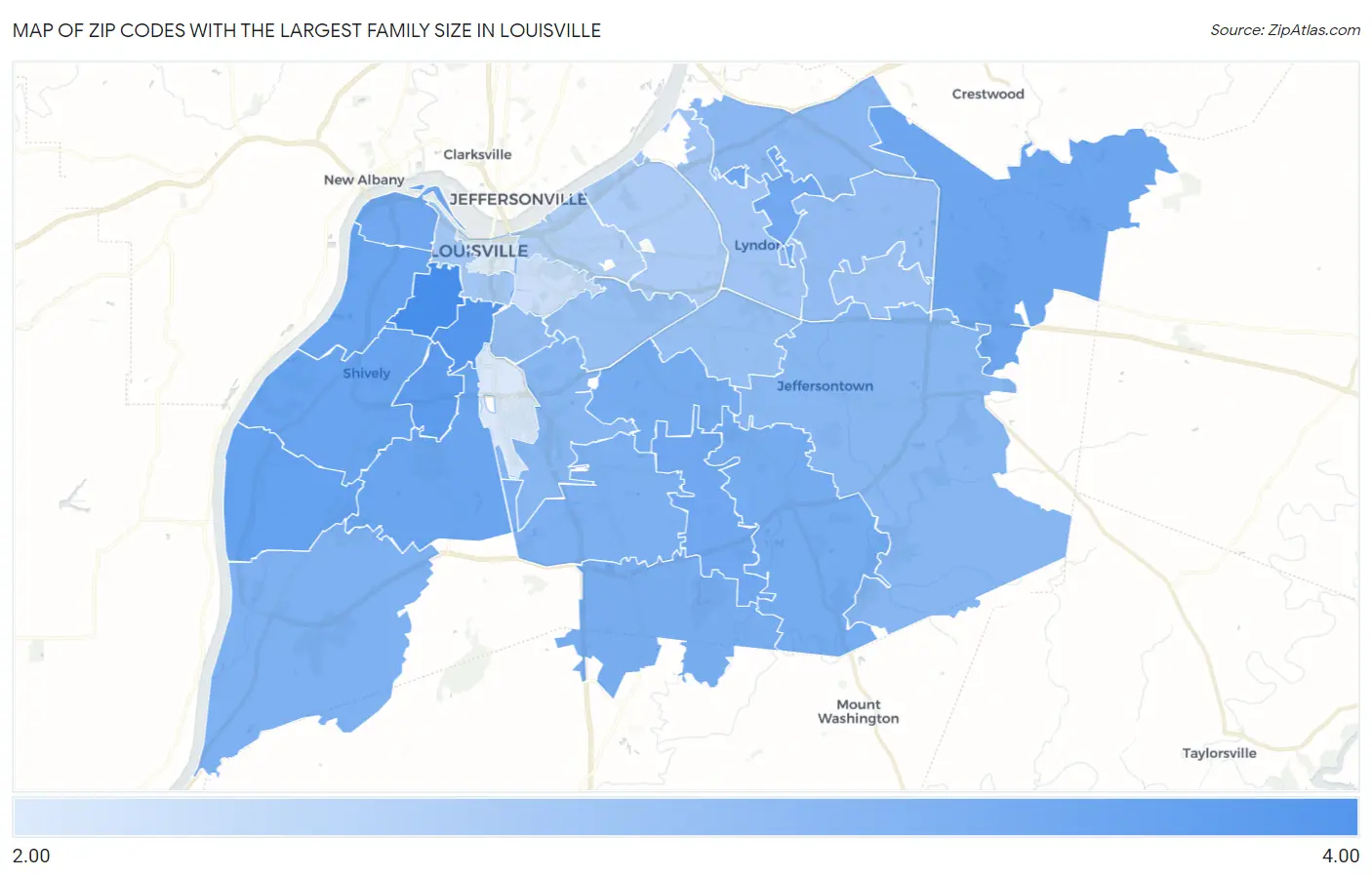 Zip Codes with the Largest Family Size in Louisville Map