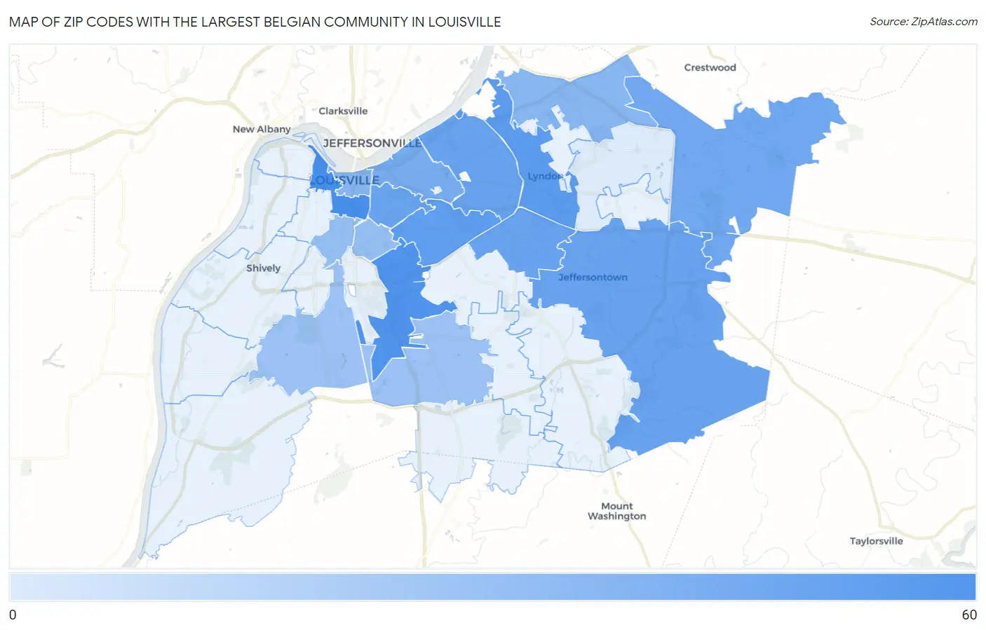 Zip Codes with the Largest Belgian Community in Louisville Map