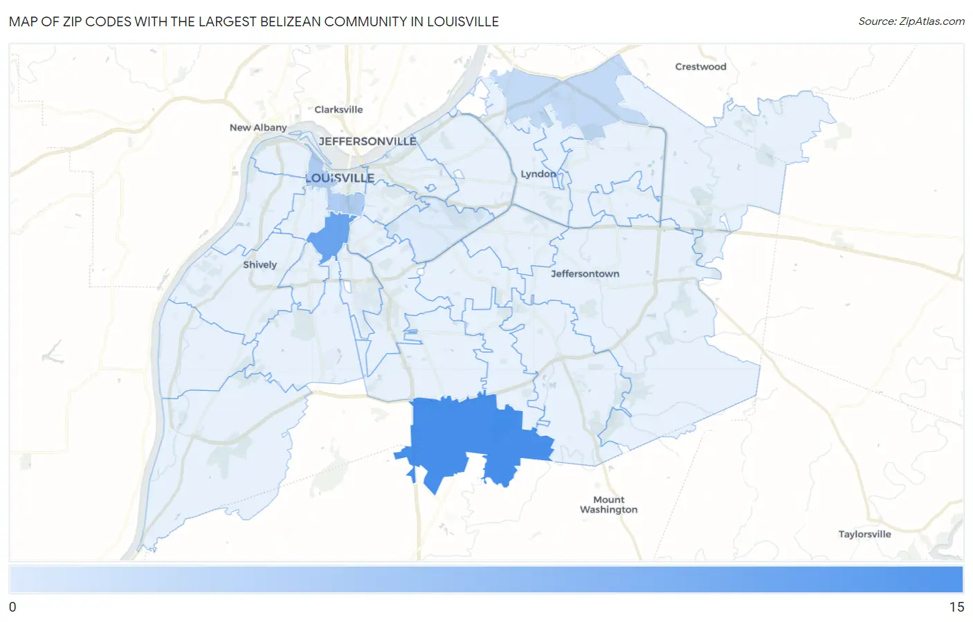 Zip Codes with the Largest Belizean Community in Louisville Map