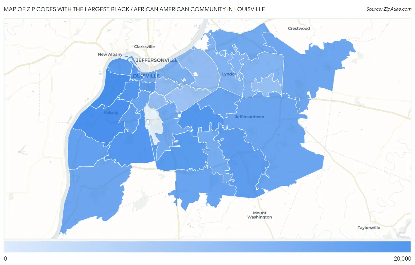 Zip Codes with the Largest Black / African American Community in Louisville Map