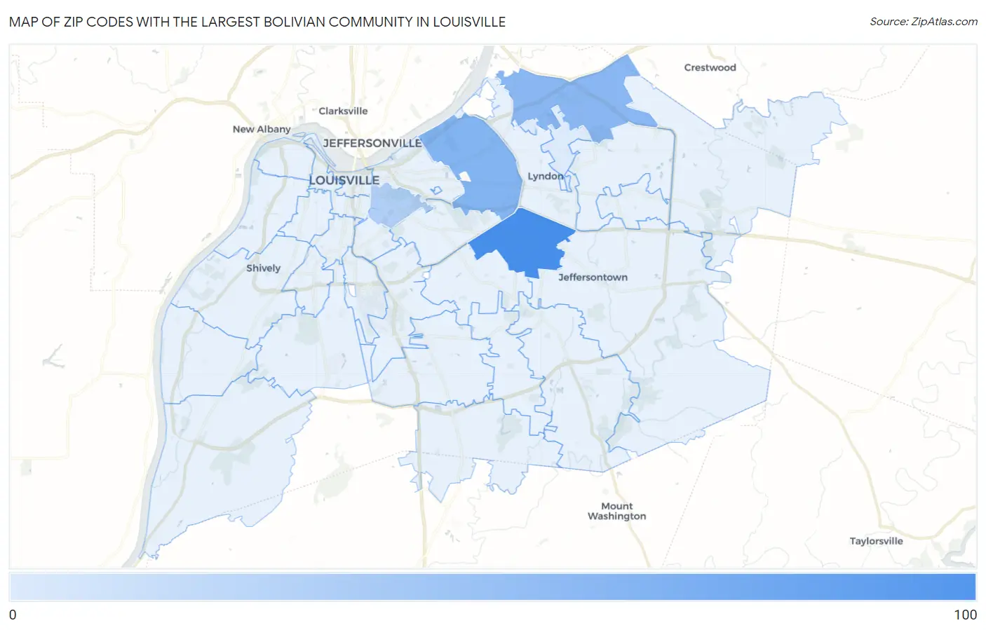 Zip Codes with the Largest Bolivian Community in Louisville Map