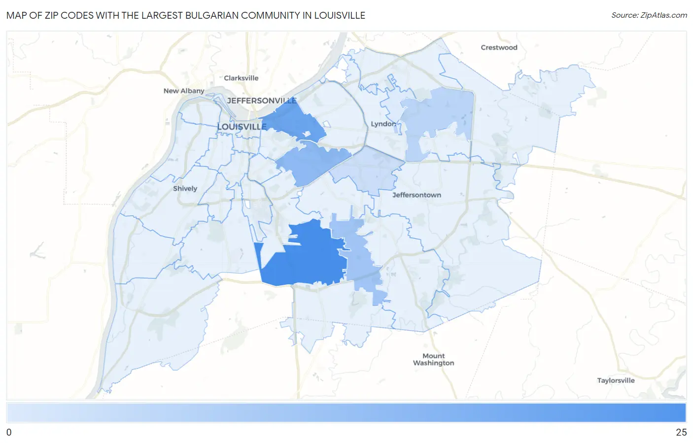 Zip Codes with the Largest Bulgarian Community in Louisville Map