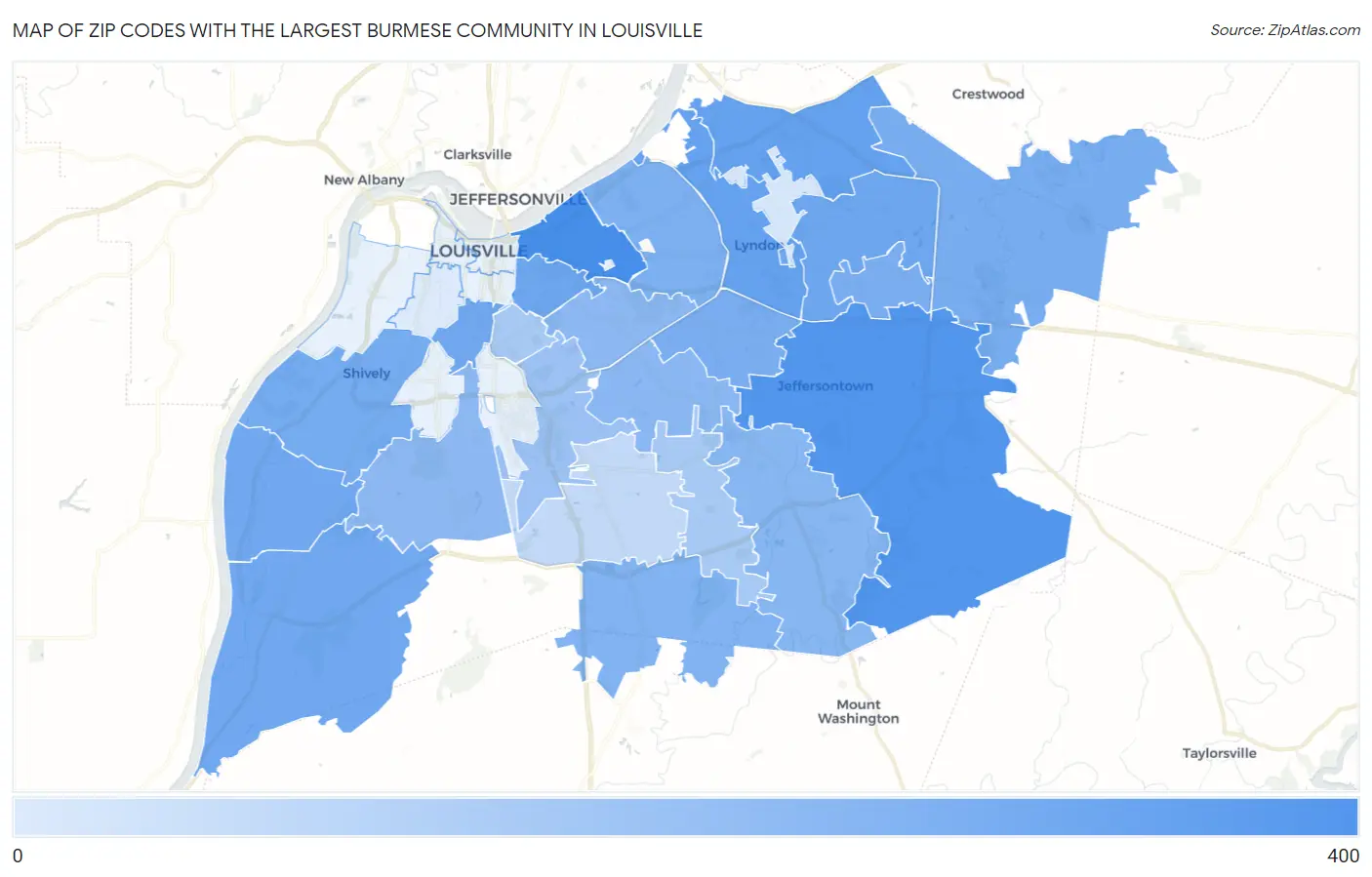 Zip Codes with the Largest Burmese Community in Louisville Map