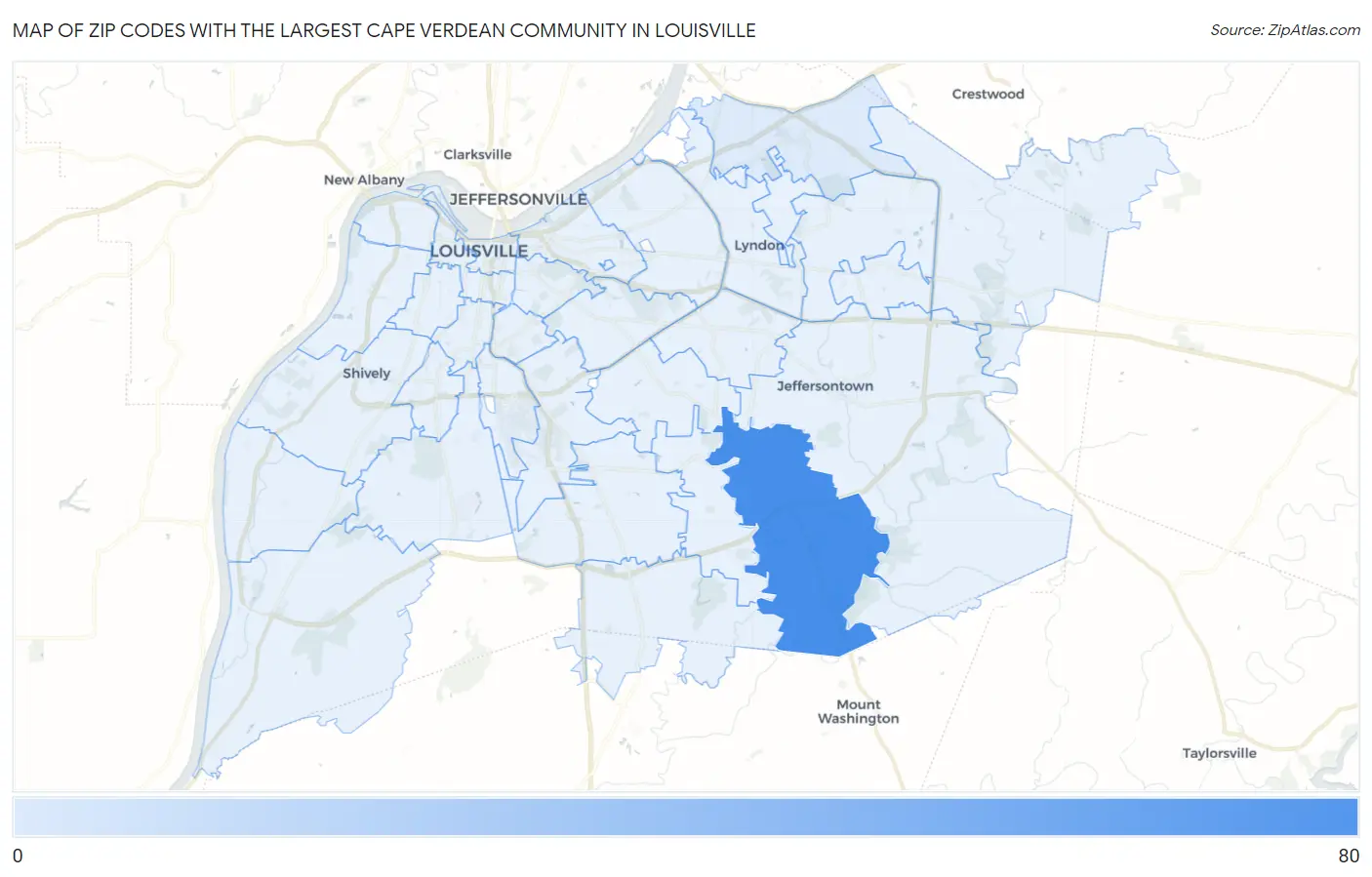 Zip Codes with the Largest Cape Verdean Community in Louisville Map