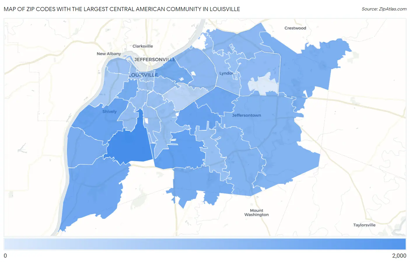Zip Codes with the Largest Central American Community in Louisville Map