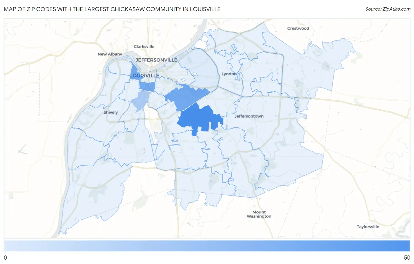 Zip Codes with the Largest Chickasaw Community in Louisville Map