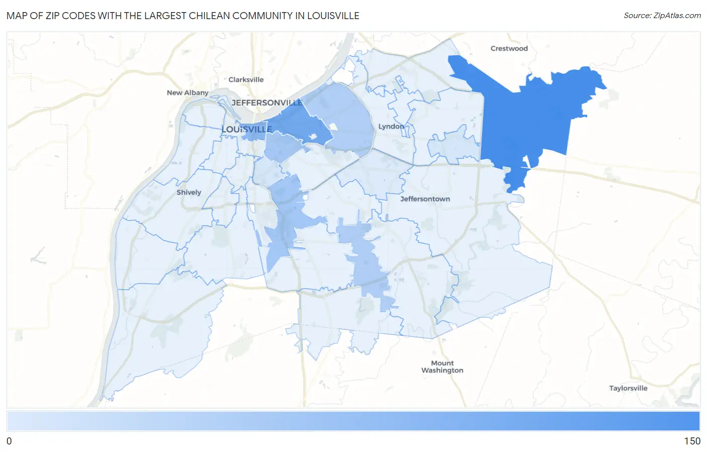 Zip Codes with the Largest Chilean Community in Louisville Map