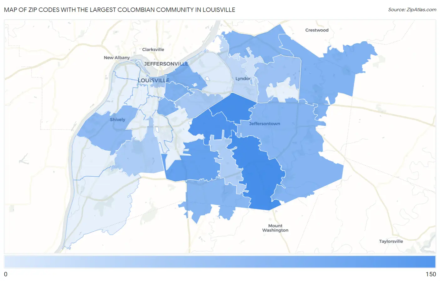 Zip Codes with the Largest Colombian Community in Louisville Map