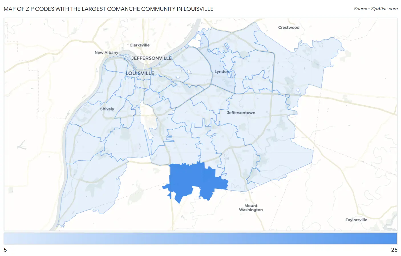 Zip Codes with the Largest Comanche Community in Louisville Map