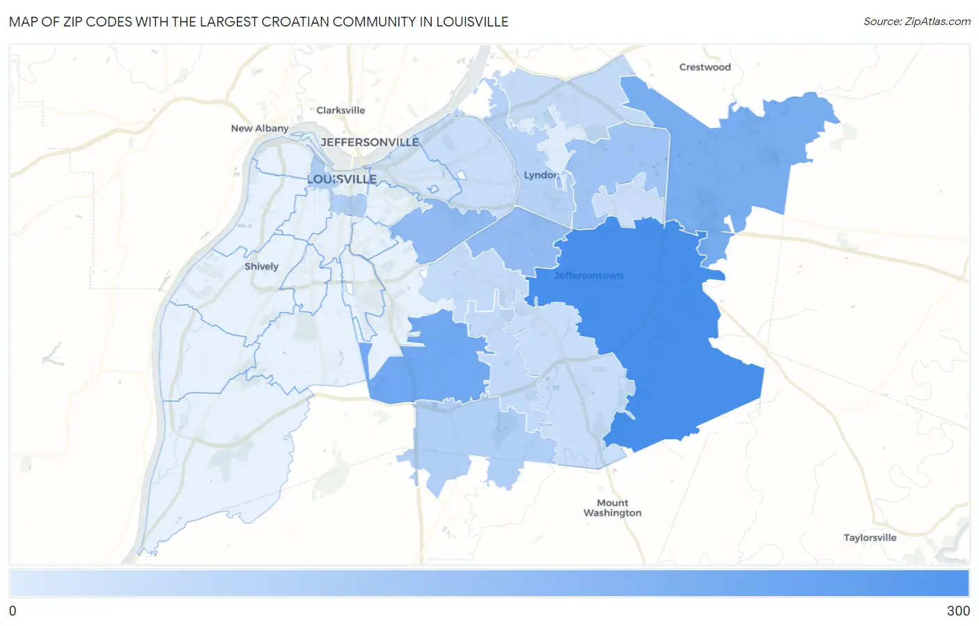 Zip Codes with the Largest Croatian Community in Louisville Map