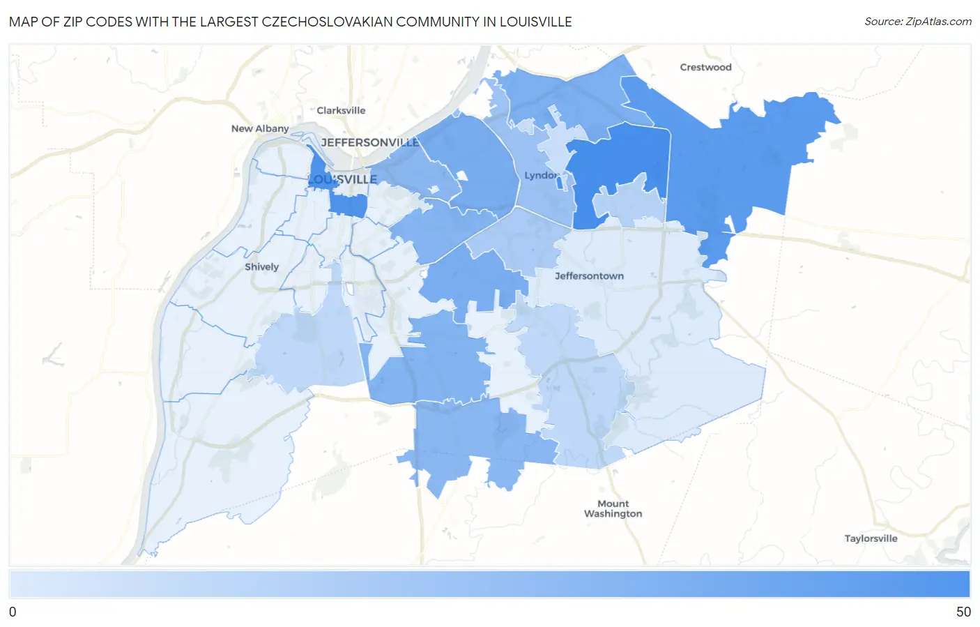 Zip Codes with the Largest Czechoslovakian Community in Louisville Map